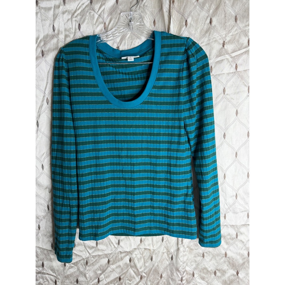 ON-34TH Womens Teal Green Striped Metallic Ribbed Scoop Neck Top Size M